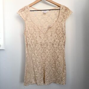 Y2K XL Cream Beige Floral Lace Peplum Blouse Dainty Cottage Renaissance